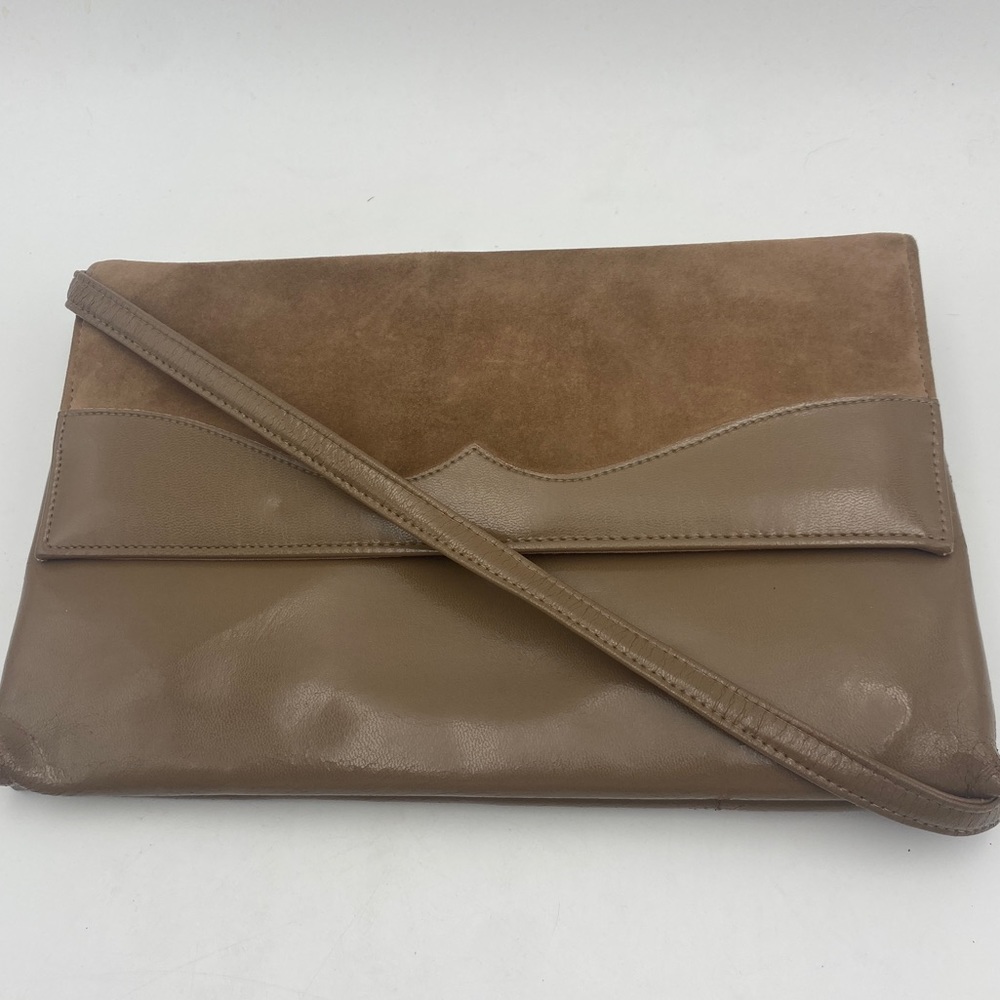Vintage Clutch Taupe Suede and Patent Leather Handbag Bag Evening